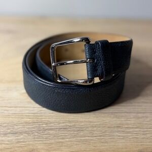 TODS Belt Mens Size 36 100 Black Pebbled Leather Silver Buckle Made in Italy